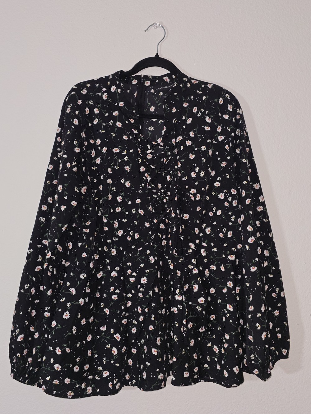 Lane Bryant Black Floral Ruffle-Detail Long Sleeve Blouse